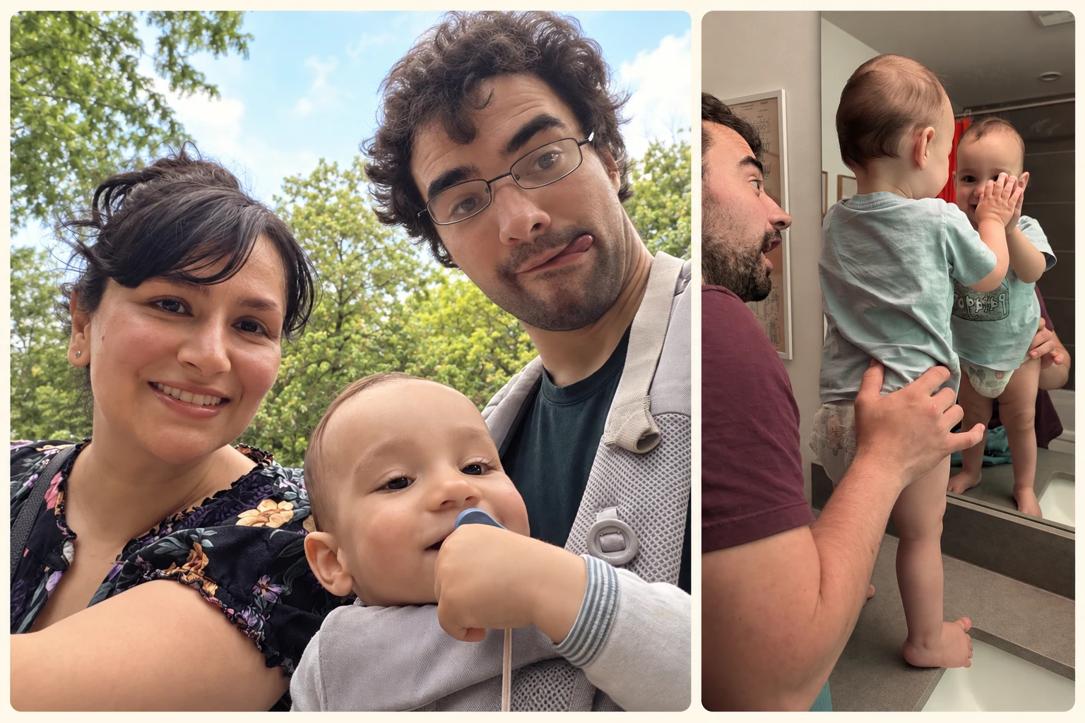 A collage of Mom, Dad, and Silas outside together, and Dad holding Silas as he plays with his reflection in a mirror.