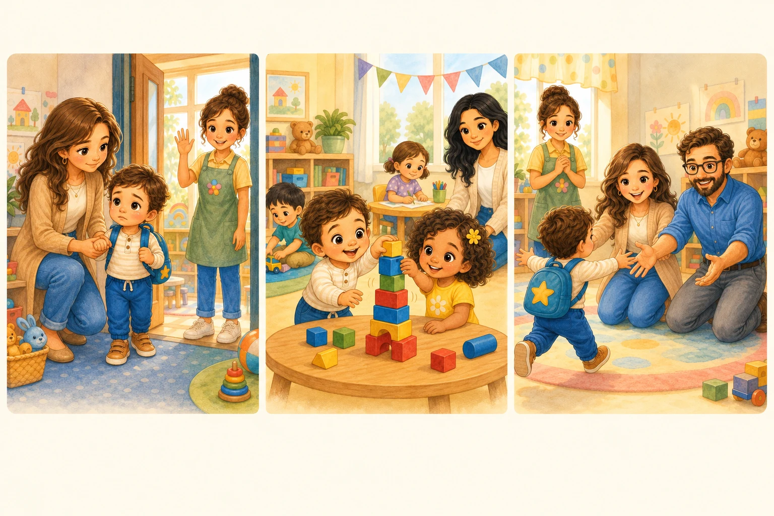 Three illustrated scenes from Silas's daycare storybooks: saying goodbye, building blocks with a friend, and running to Mom and Dad at pickup.